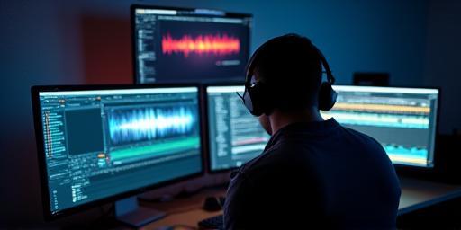 Pessoa trabalhando em software de design de som com fones de ouvido