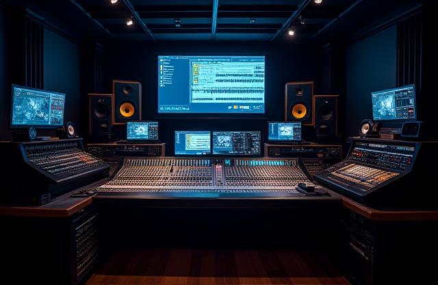 Console de mixagem de som com cena de filme na tela