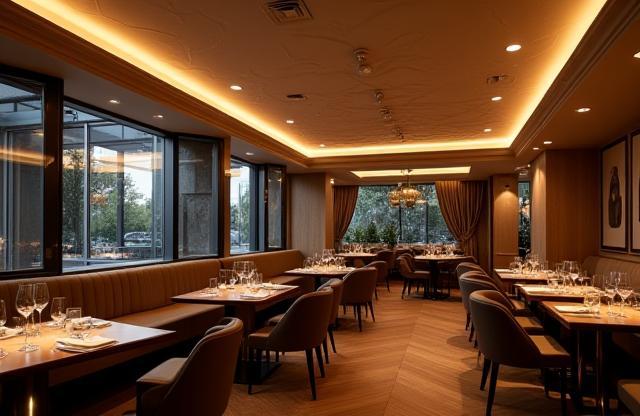 Interior de restaurante elegante com alto-falantes discretos no teto